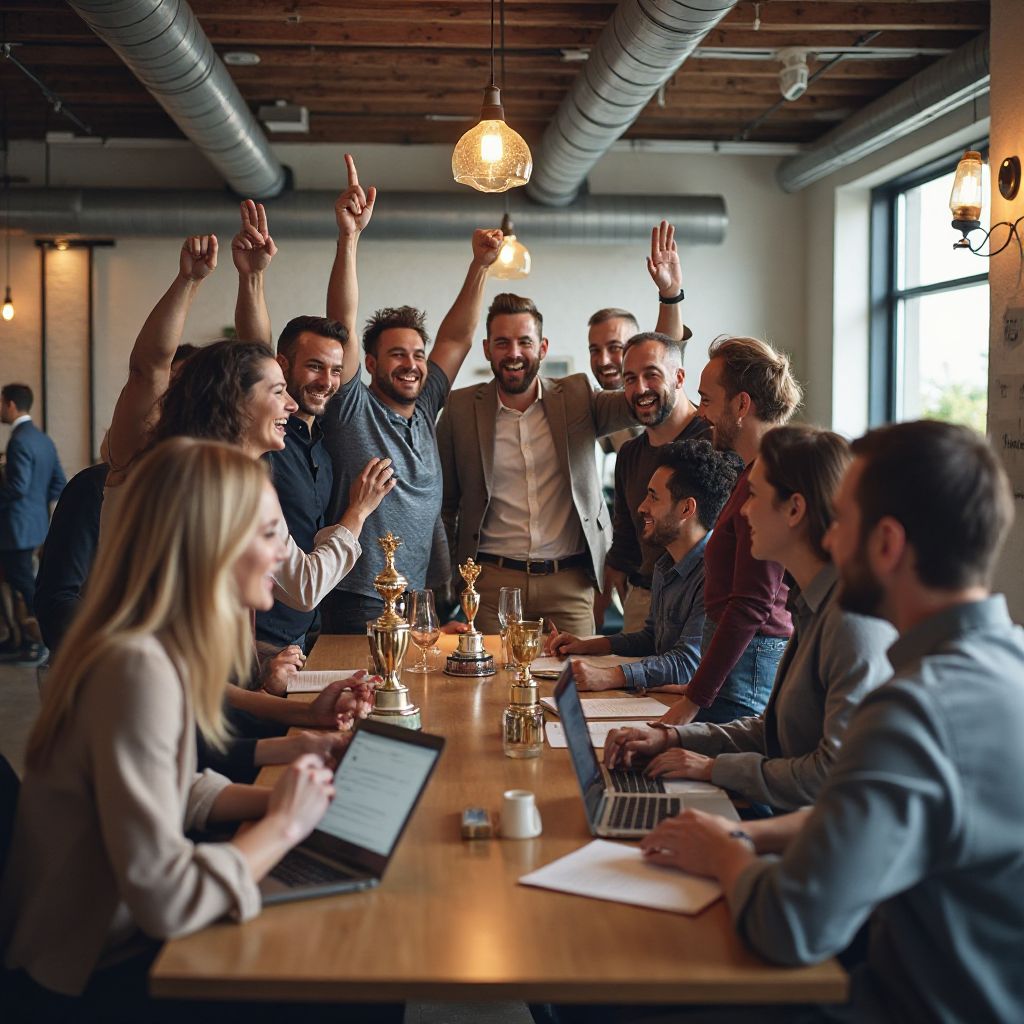 Echipa sărbătorind realizări importante